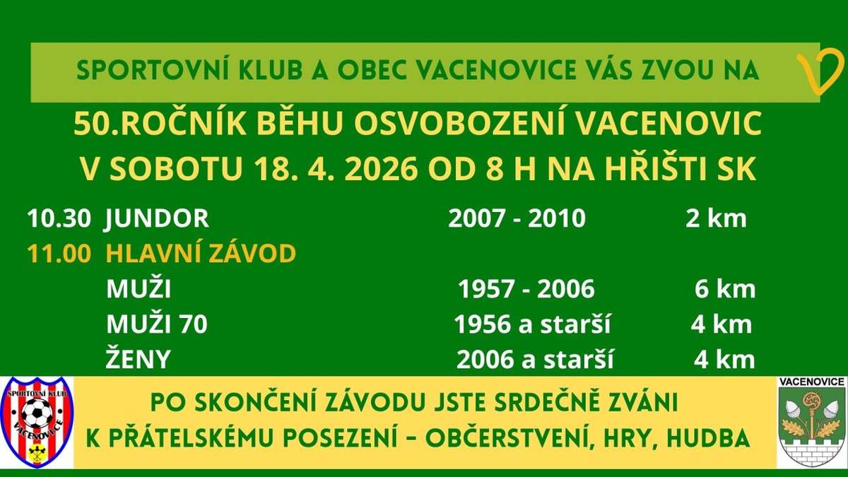 V sobotu 18.4.2026 se koná 50. ročník Běhu osvobození Vacenovic.  Začátek je v 8 hodin a hřišti SK.  Po skončení bude posezení s občerstvením a hudbou.  Všichni jsou srdečně zváni.