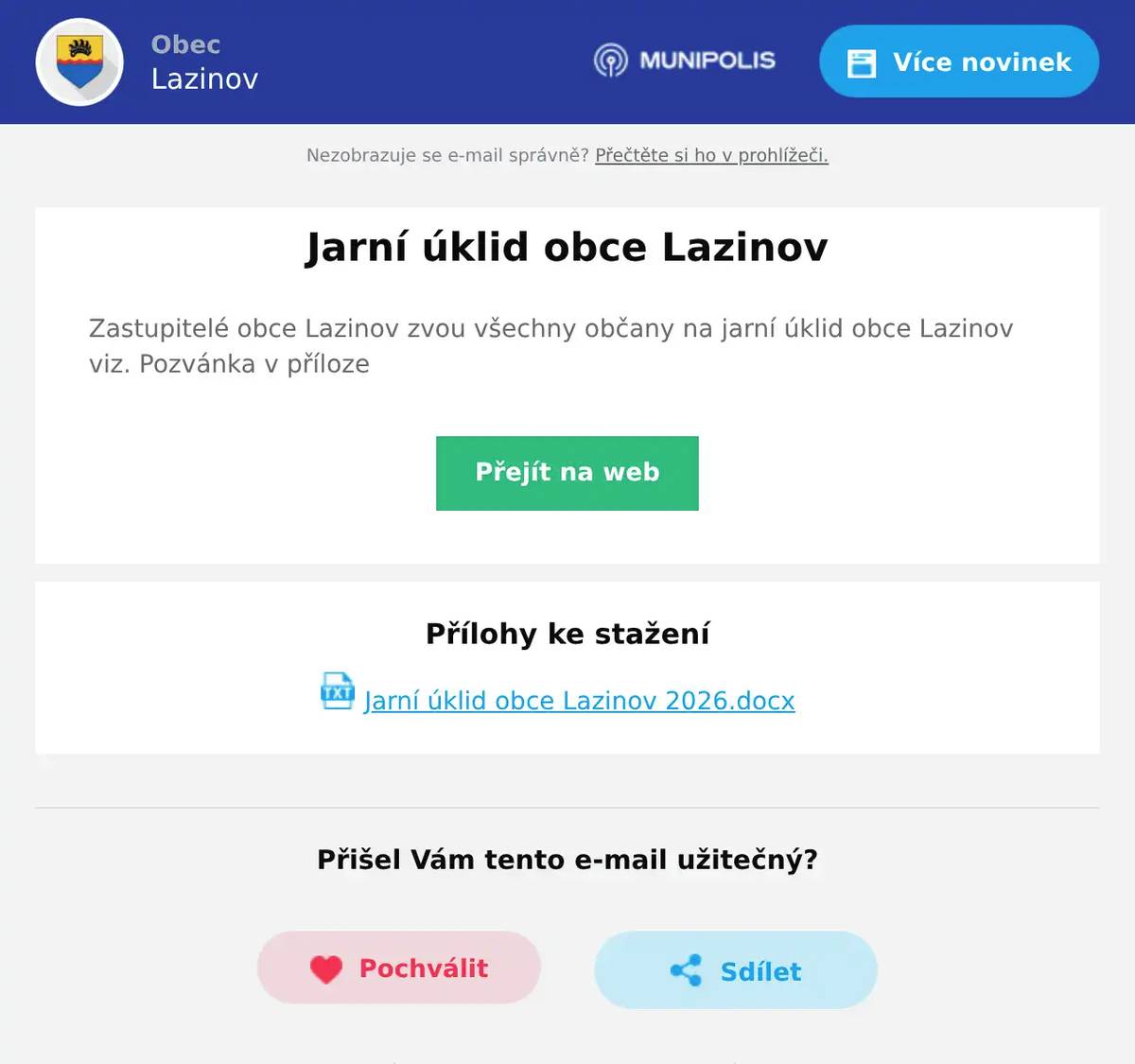 Zastupitelé obce Lazinov zvou všechny občany na jarní úklid obce Lazinov viz. Pozvánka v příloze
