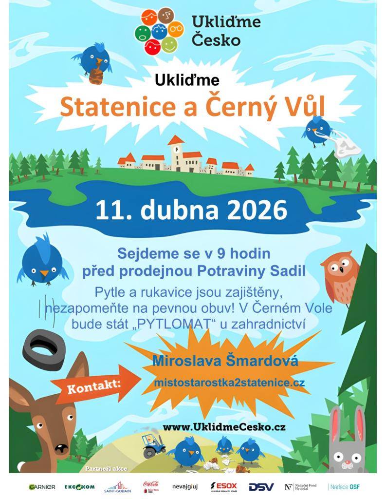 Opět pořádáme už tuto sobotu 11. 4. 2026 úklidovou akci ve Statenicích a Černém Vole. Sraz je v 9:00 u potravin Sadil. Přidejte se k nám a pojďte udělat společně ze Statenic a Černého Vola hezčí místo k životu.