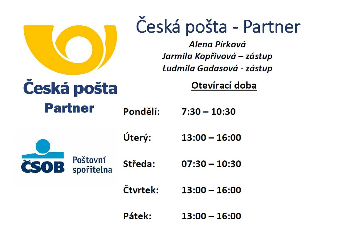 Pobočka české pošty Partner v Paršovicích má tuto pravidelnou otevírací dobu. V pondělí a středu bude otevřena od 7:30 do 10:30. V úterý, čtvrtek a pátek pak od 13:00 do 16:00.