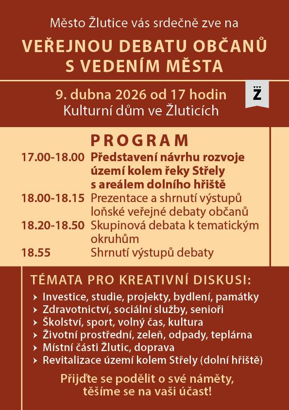 Zveme vás na veřejnou debatu k rozvoji Žlutic ve čtvrtek 9.dubna 2026 od 17 hodin v kulturním domě.