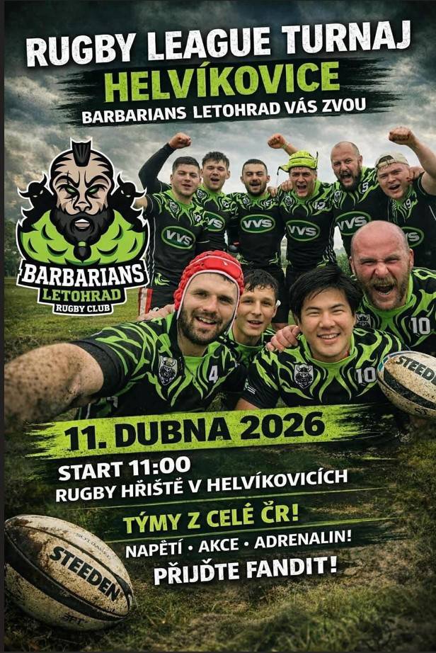 Tým Barbarians Letohrad a Obec Helvíkovice vás zvou na Rugby League turnaj na fotbalovém hřišti od 11:00 h. Můžete se těšit na skvělou atmosféru a den plný sportu a adrenalinu. Občerstvení zajištěno.