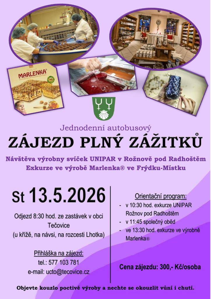 Přijďte se zúčastnit jednodenního zájezdu, který vás zavede do dvou zajímavých míst. Navštívíte výrobnu svíček UNIPAR a výrobnu Marlenka© a užijete si exkurze, které vám přiblíží kouzlo poctivé výroby.