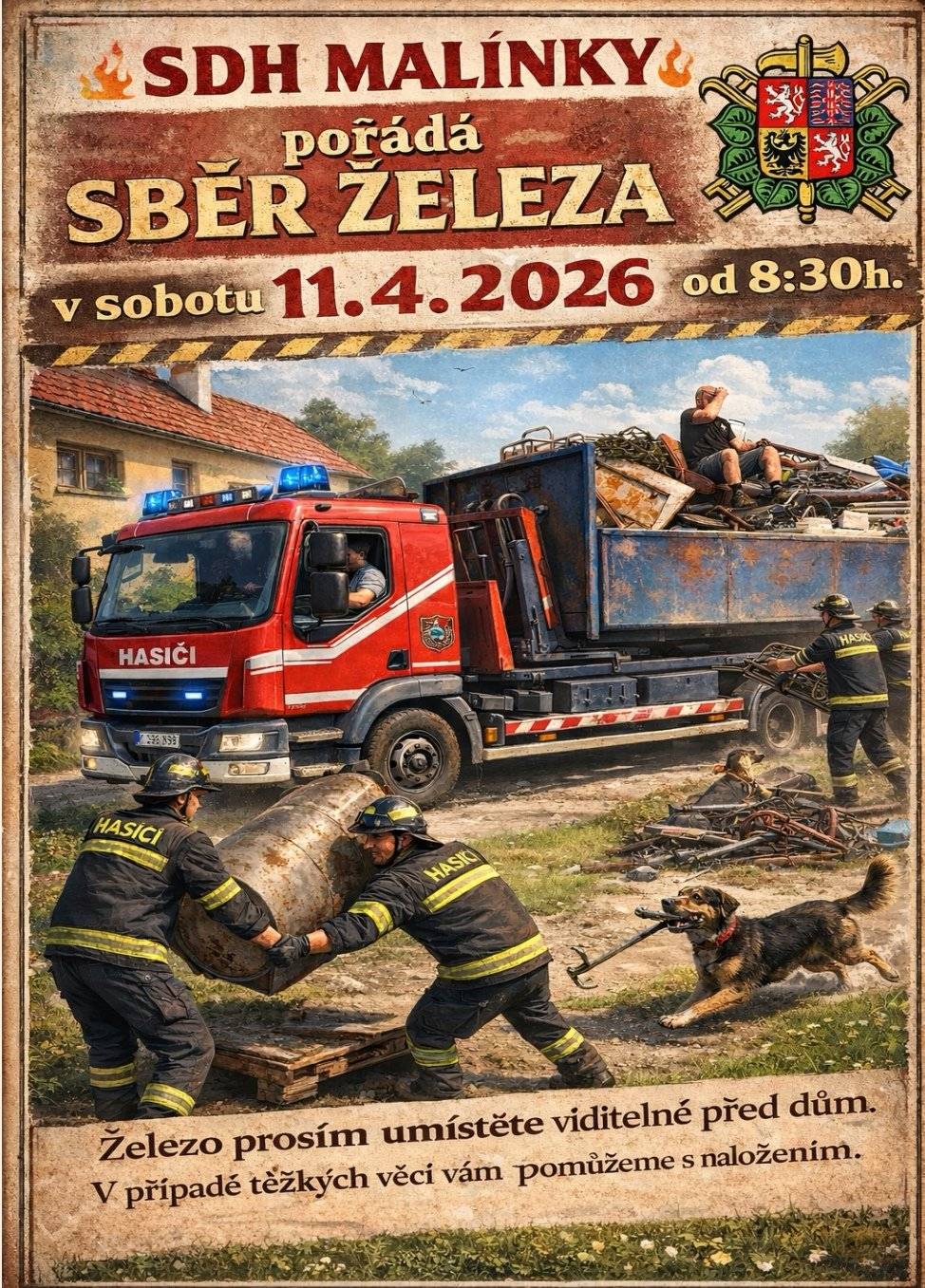 Sbor dobrovolných hasičů Malínky pořádá v sobotu dne 11.04.2026 sběr železného šrotu v obci Malínky. Sběr proběhne v době od  8:30 hod.. Železo umístěte viditelně před dům.