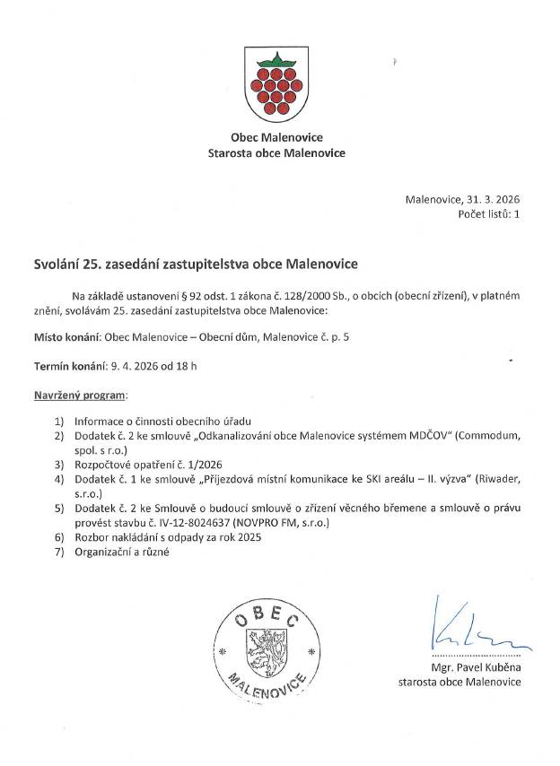 Připomínáme občanům, že 25. zasedání Zastupitelstva obce Malenovice se koná ve čtvrtek 9. dubna od 18.00 v sále Obecního domu v Malenovicích.