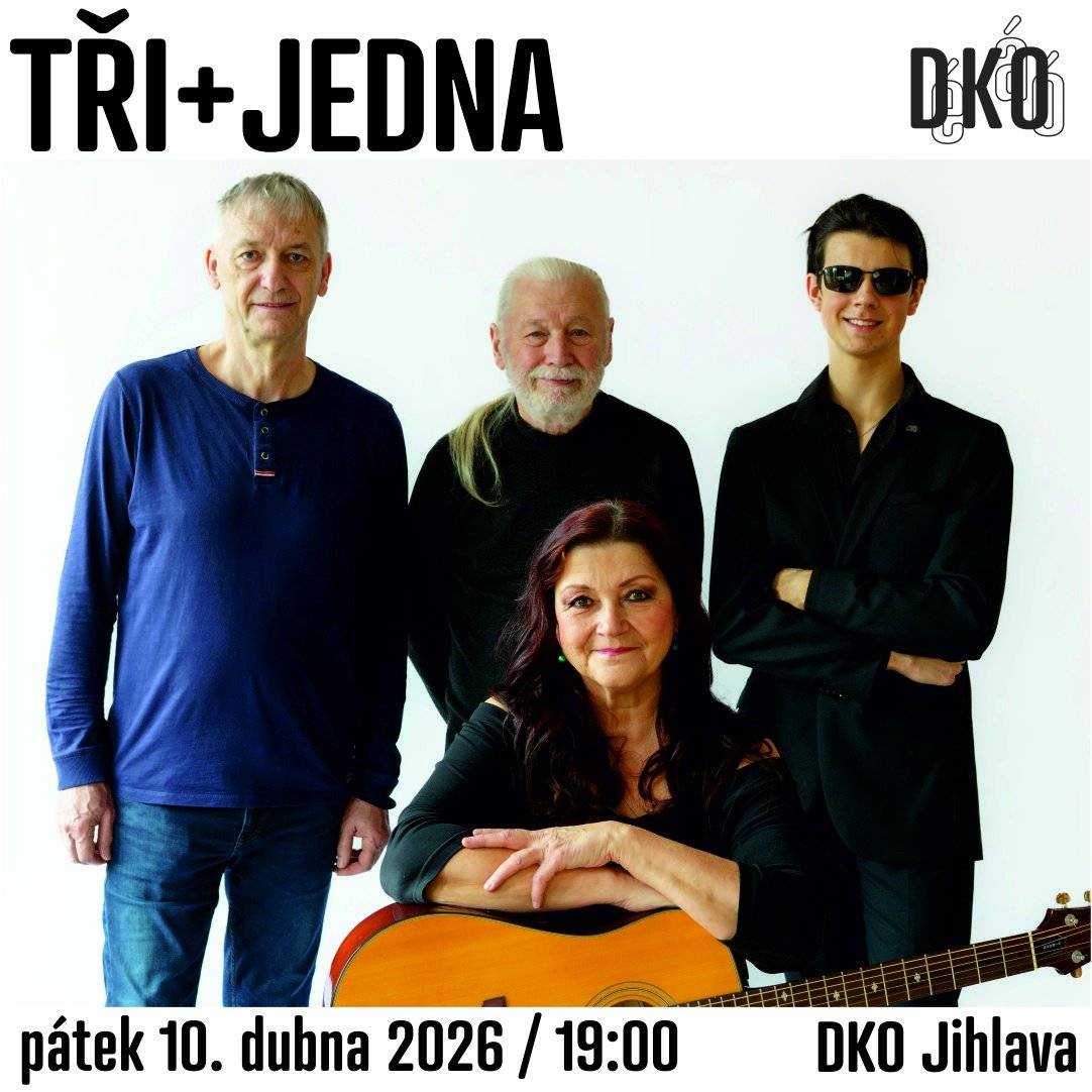 Dobrý den. Zasíláme pozvánku na vystoupení skupiny Tři + Jedna v pátek 10.4.2026 od 19.00 hod. v DKO Jihlava. ---------------------------------------------------- Jihlavská skupina Tři + Jedna vznikla před třemi lety. V DKO vystoupí poprvé. Můžete se těšit na jejich vlastní blues-rockovou a folk-rockovou tvorbu. Kapelu tvoří zkušení jihlavští muzikanti: Vlaďka Némethová, Eda Lukeš a Mirek Raab a mladý talentovaný kytarista Tomáš Skála. https://www.dko.cz/program/570-tri-jedna