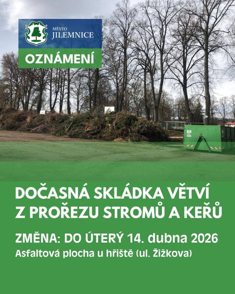 Pokud potřebujete odvézt větve, můžete stále využít dočasnou skládku na asfaltové ploše u stadionu v ulici Žižkova.