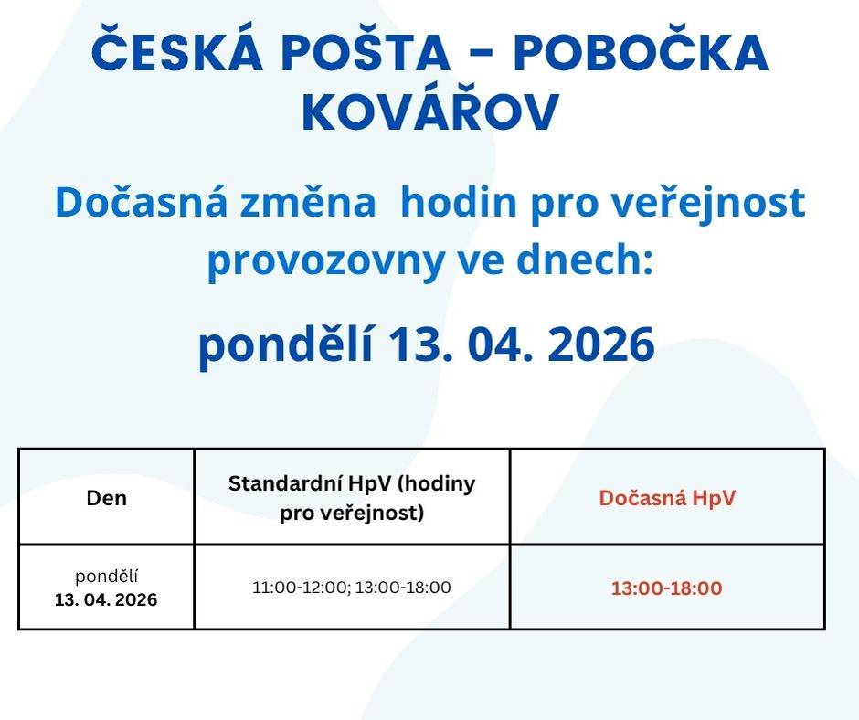 Česká pošta - pobočka Kovářov upozorňuje na dočasnou změnu hodin pro veřejnost provozovny, v pondělí 13. 04. 2026 -otevřeno pouze odpoledne od 13:00 do 18:00 hod.
