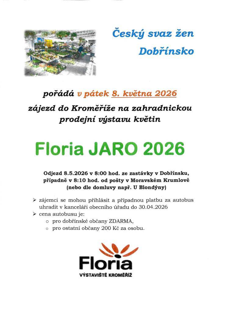 ČSŽ pořádá 8.5.2026 zájezd do Kroměříže na zahradnickou prodejní výstavu květin Floria JARO 2026.