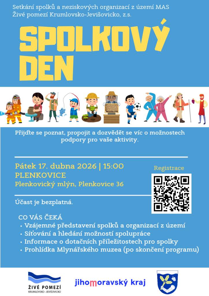 MAS Živé pomezí Krumlovsko-Jevišovicko, z.s. ve spolupráci s obcí Plenkovice pořádá Spolkový den – setkání spolků a neziskových organizací z celého území MAS.   Pátek 17. dubna 2026 od 15:00 hodin Plenkovický mlýn, Plenkovice 36