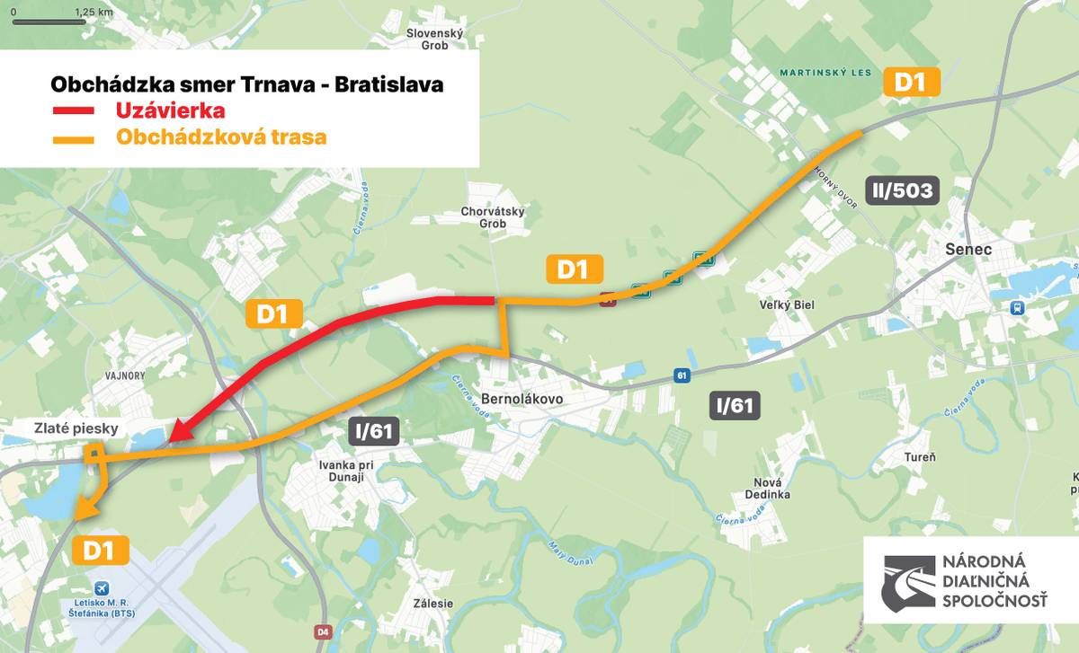 Uzávierka D1 v smere do Bratislavy je plánovaná od 9. 4. až do 12. 4. Začne vo štvrtok večer o 22:00 a práce potrvajú do nedeľného večera. Diaľnica sa uzatvorí od križovatky Bernolákovo na Triblavine po bratislavské Zlaté Piesky. V opačnom smere ostáva doprava nezmenená.