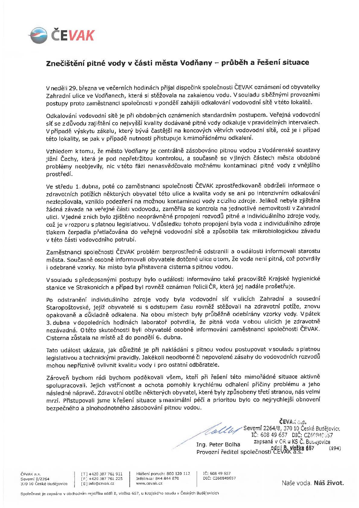 Průběh a řešení situace znečištěné pitné vody - viz příloha.