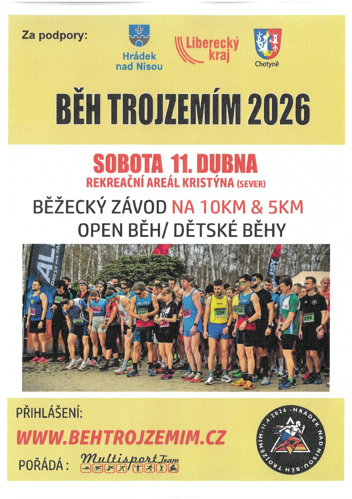 Zveme Vás na tradiční sportovní akci – Běh Trojzemím 2026. Koná se za finanční podpory Města Hrádku nad Nisou v sobotu 11. dubna 2026. Přijďte si zaběhat! ☺️🏃♀️