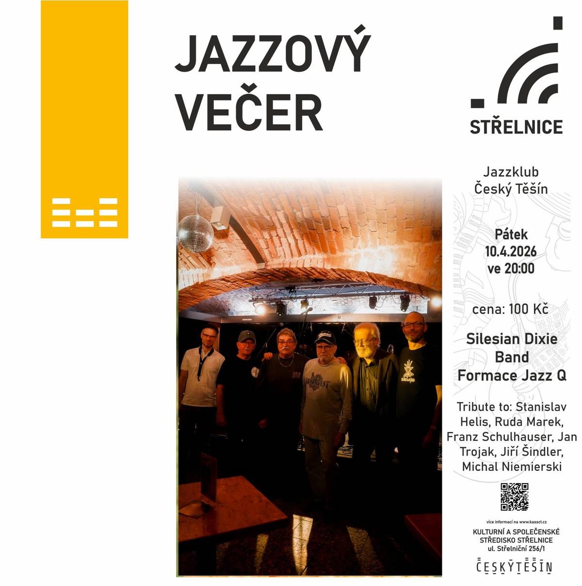 Srdečně vás zveme na nezapomenutelný jazzový večer! Přijďte si užit skvělou atmosféru a pořádnou porci jazzu. O tu nejlepší náladu se postará energický Silesian Dixie Band a skvělá Formace Jazz Q.  Budeme se na vás těšit v pátek 10. dubna 2026 od 20:00 v Jazzklubu.