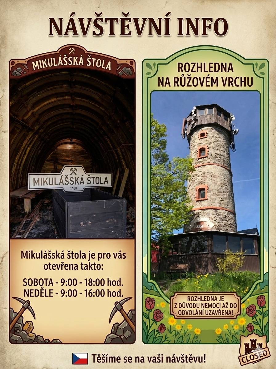 Mikulášská štola bude v měsíci dubnu otevřena takto:  SOBOTA - 9,00 - 18,00 hod. NEDĚLE - 9,00 - 16,00 hod.    ROZHLEDNA JE Z DŮVODU NEMOCI AŽ DO ODVOLÁNÍ UZAVŘENA!