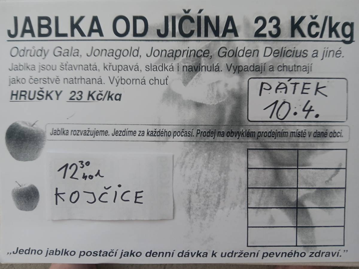 Prodej jablek od Jičína v pátek 10. 4. od 12:30 hodin. Cena za kilogram 23,- Kč.