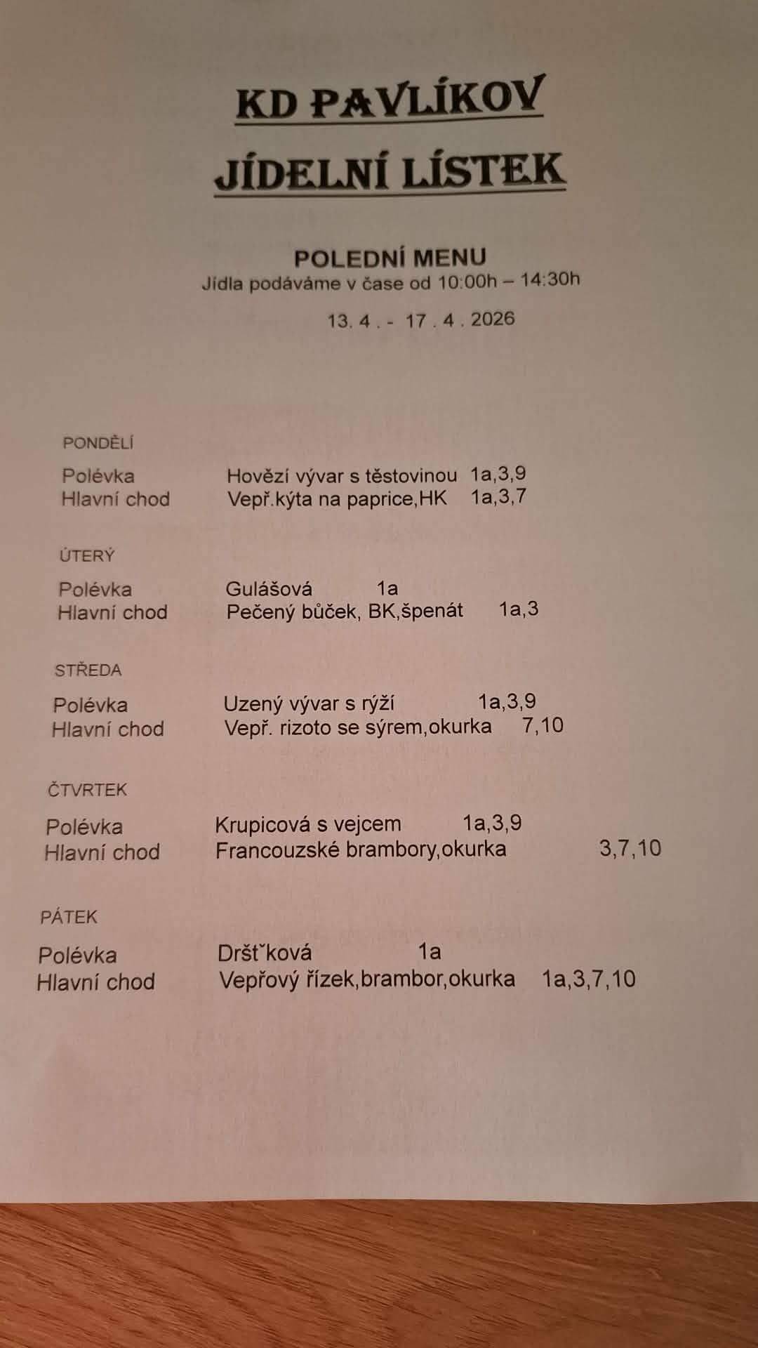 Jídelní lístek KD Pavlíkov v týdnu od 13.4. do 17.4.2026