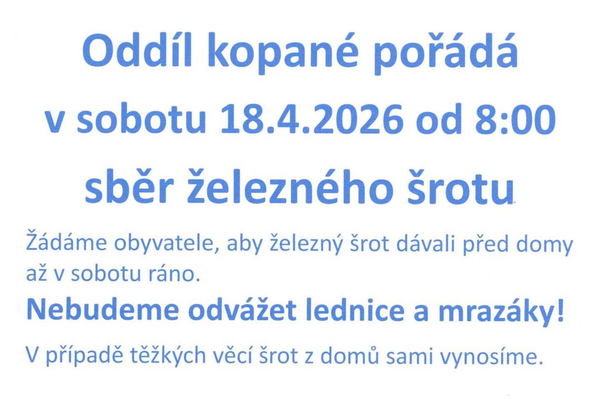 Sobota 18.4.2026 od 8 hod. Pořádá oddíl kopané.