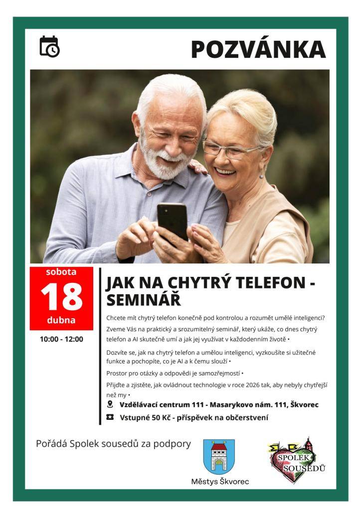 Seminář na téma chytrý telefon a AI se bude konat dne 18. 4. 2026 ve Vzdělávacím centru 111 od 10-12 hod. Akce je určena pro všechny věkové kategorie.