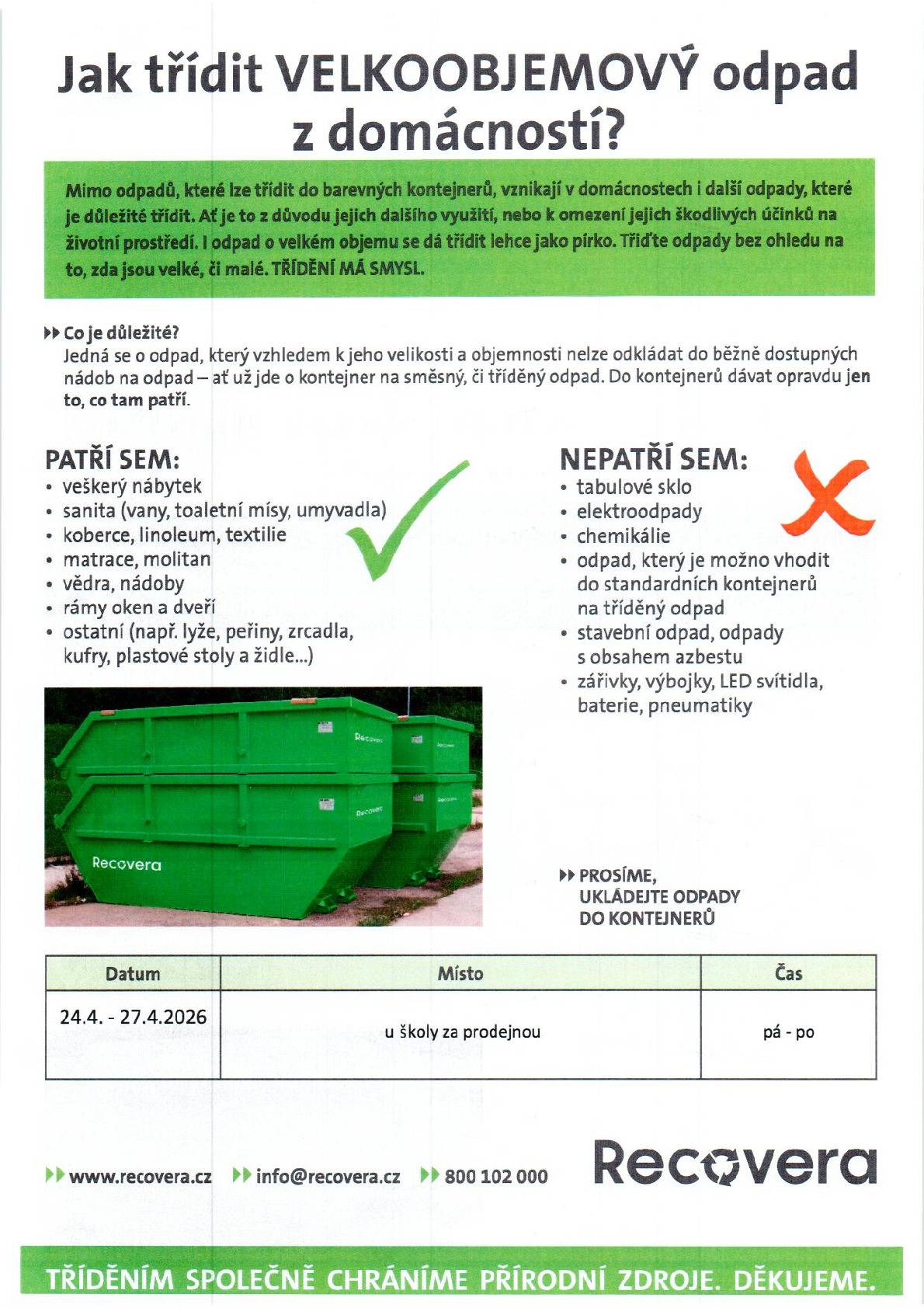 Sběr velkoobjemového odpadu 24,.4 2026 - 27.4.2026 u školy