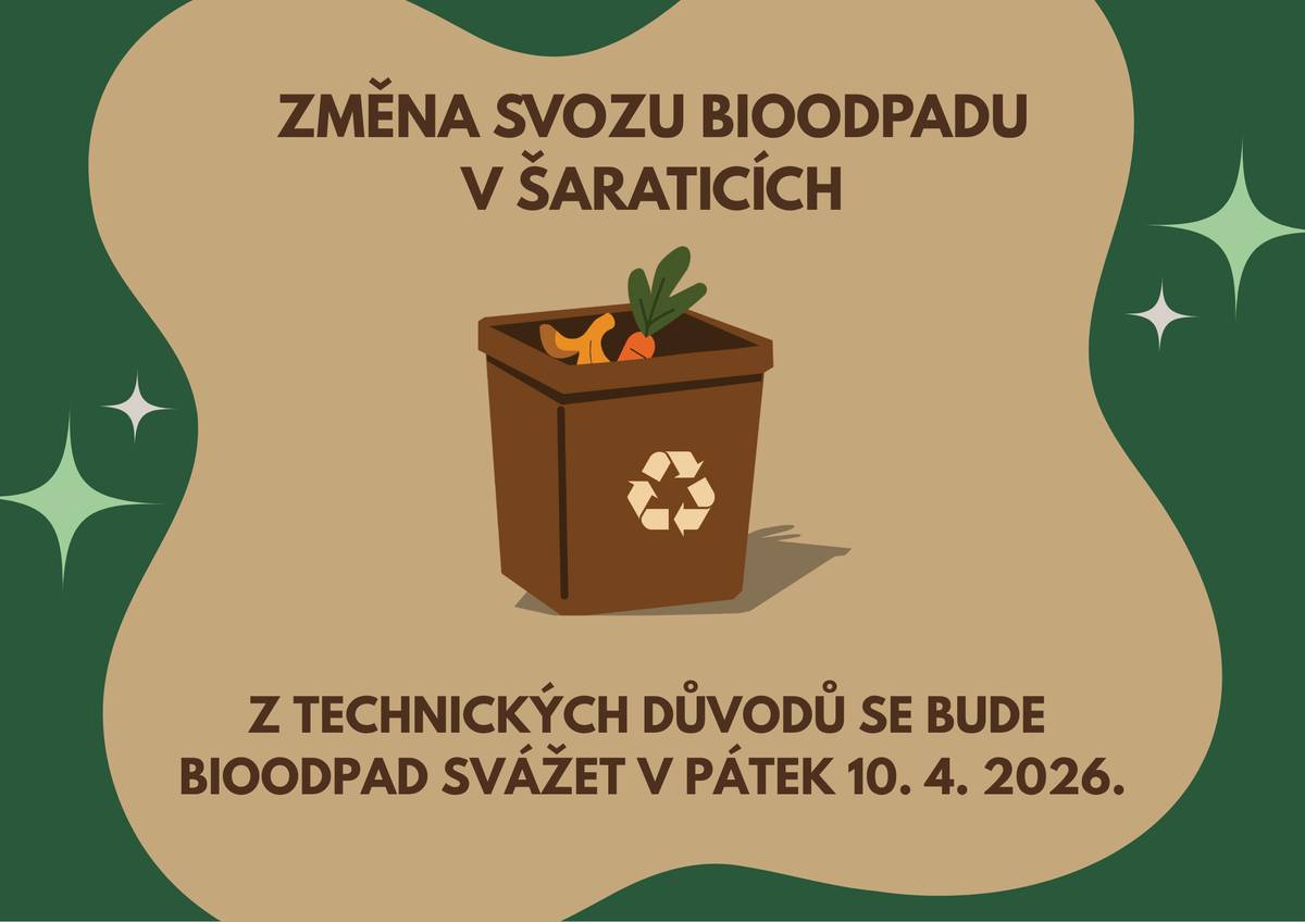 Informujeme občany, že dnešní plánovaný svoz bioodpadu se z technických důvodů uskuteční zítra - v pátek 10. 4. 2026.  Prosíme o sdílení této informace.