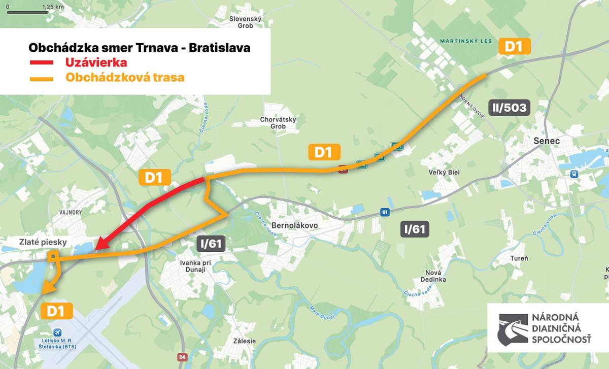 NDS a.s. oznamuje, že od 9.apríla od 22.00 hod. uzavrie D1 v smere do BA od križovatky Bernolákovo Triblavina po Zlaté piesky do večera 12.apríla 2026.