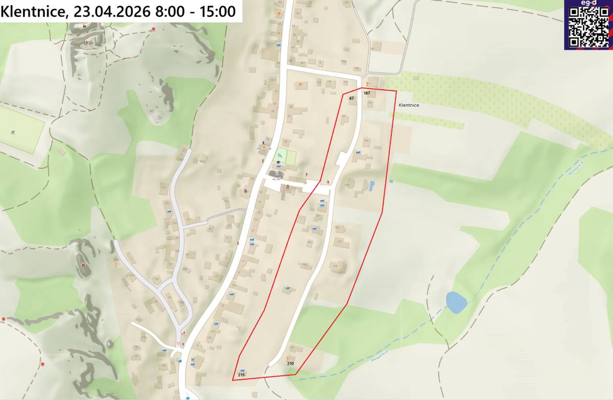 Ve čtvrtek 23. dubna 2026 bude přerušena dodávka elektrické energie v Klentnici od 08:00 do 15:00. Vypnutá oblast zahrnuje část ulice od č.p. 47 a 187 po č.p. 215 a 210. Tento krok je nezbytný kvůli plánovaným pracím na zařízení distribuční soustavy.