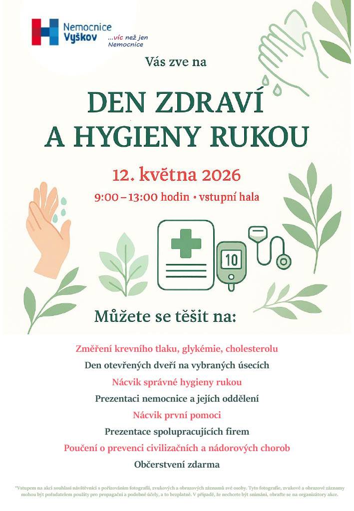 DEN ZDRAVÍ, který bude nemocnice Vyškov pořádat dne 12. 5. 2026 v době od 9:00 do 13:00 hodin ve vstupní hale.