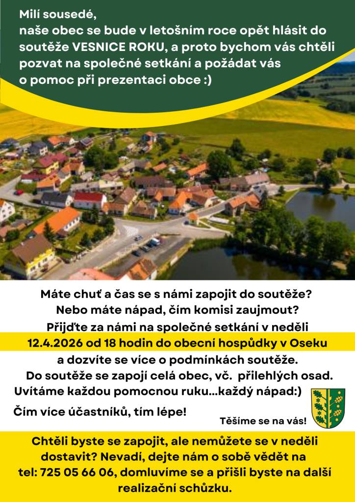 Obec Osek se hlásí do soutěže Vesnice roku. Pojďte se zapojit do prezentace obce s námi:)