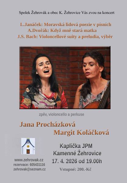 Pozvánka na 17.4.2026 na zpěv, violoncello a perkuse od 19.00 hod. v kapličce. Vstupné 200,- Kč.