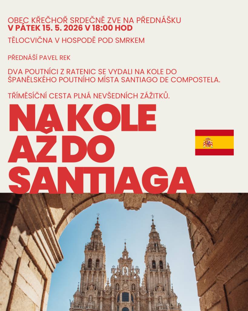 Přijďte si poslechnout vyprávění o dobrodružství, zážitcích i výzvách, které přinesla cesta dvou poutníků z Ratenic. Kdy? pátek 15. 5. 2026 od 18:00 v tělocvičně v hospodě Pod Smrkem. Těšíme se na všechny!