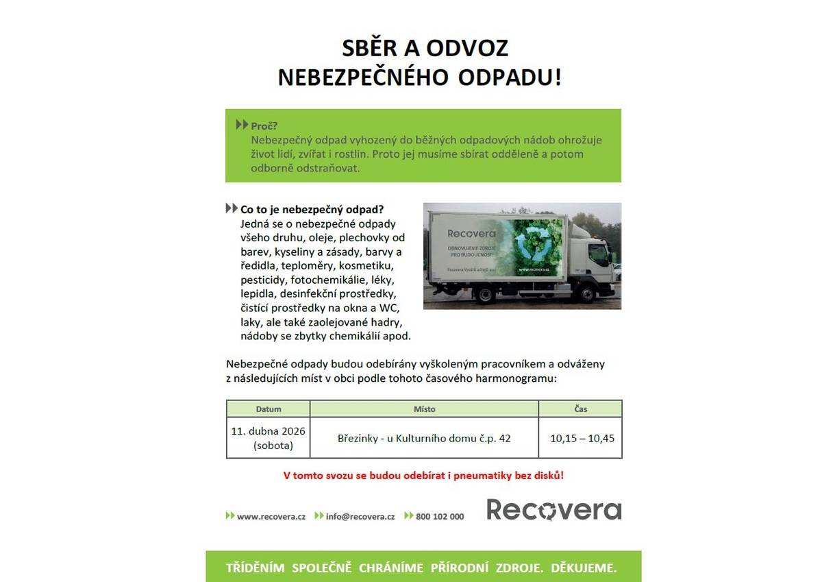 Dobrý den všem, tímto připomínám Jarní svoz nebezpečného odpadu, který proběhne v obci Březinky - Nectava již tuto sobotu dne 11. dubna 2026. Kontejnery budou přistaveny na tradičním místě před budovou obecního úřadu v době od 10:15 hod. do 10:45 hod.  V žádném případě nebude odebrán k likvidaci eternit, případně jiné věci obsahující azbest a nebude odebrán ani elektroodpad❗ Je možné odevzat staré pneu bez disků❗ -JW-