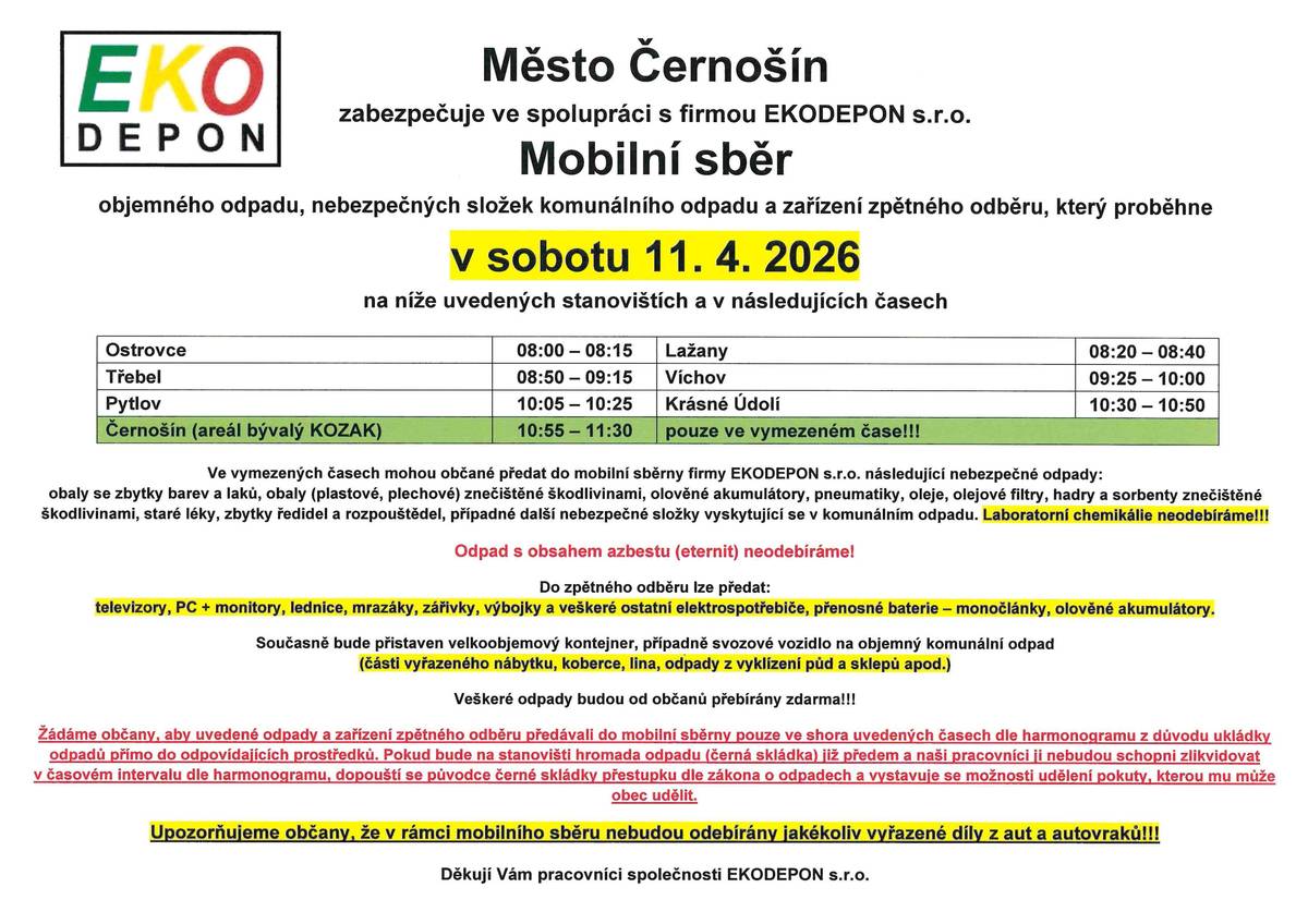 V sobotu 11. 4. 2026 se v Cernosine a spadovych obcich uskutecni Mobilni sber odpadu.