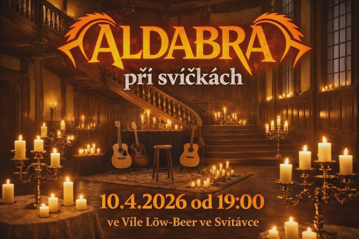 Srdečně Vás zveme na koncert Aldabra při svíčkách, který se bude konat dnes v pátek 10.4. v 19 hod. v Löw-Beerově vile.  Vstupné dobrovolné.  Občerstvení zajištěno.