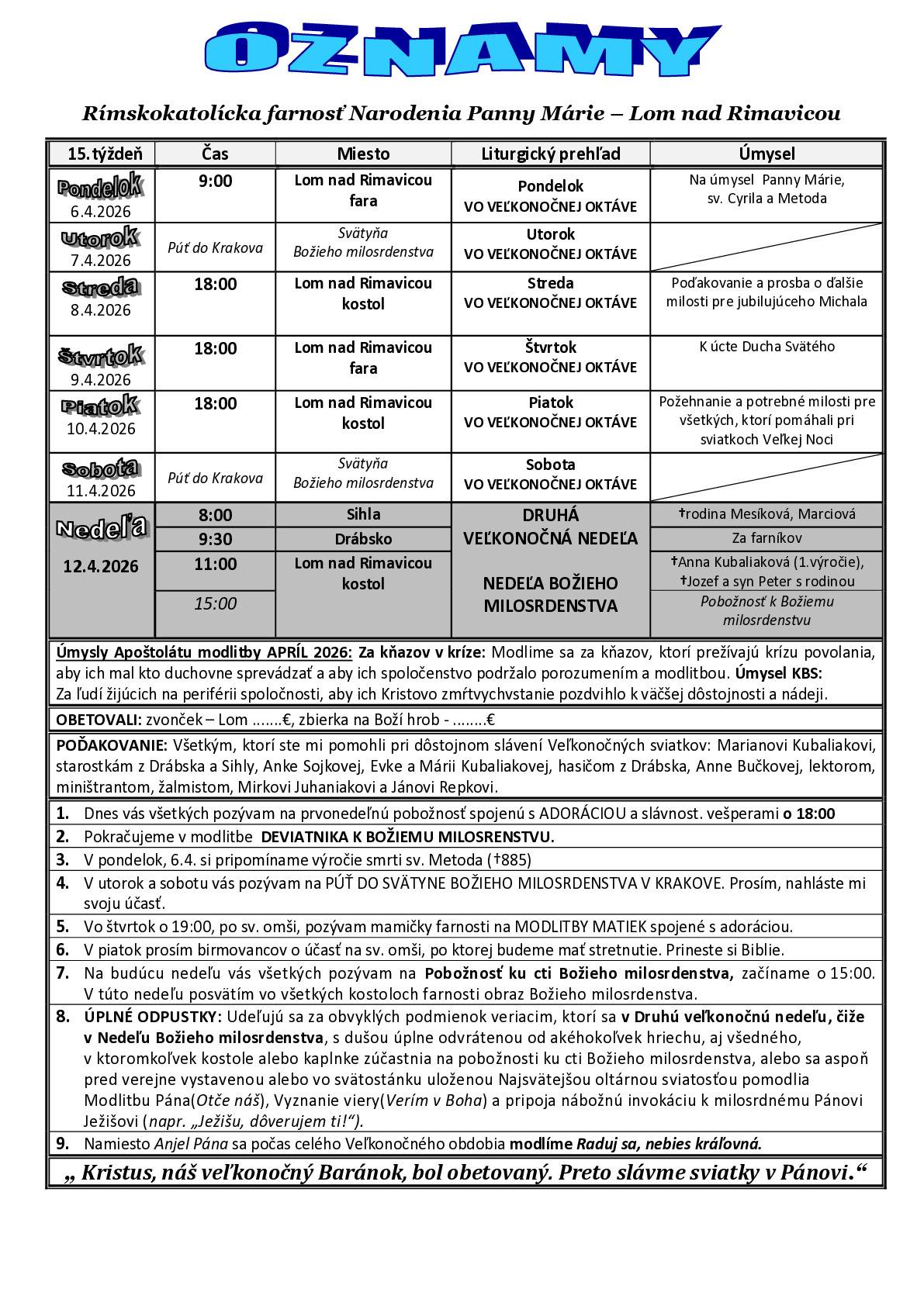 Farské oznamy 15. týždeň