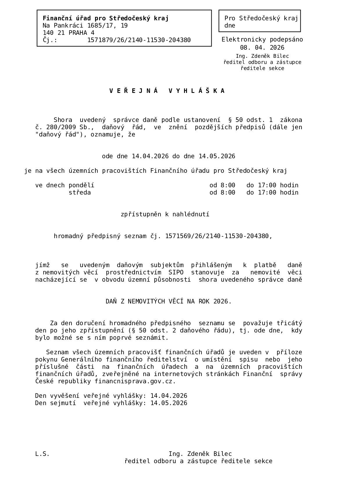 Finanční úřad pro Středočeský kraj - oznámení VV