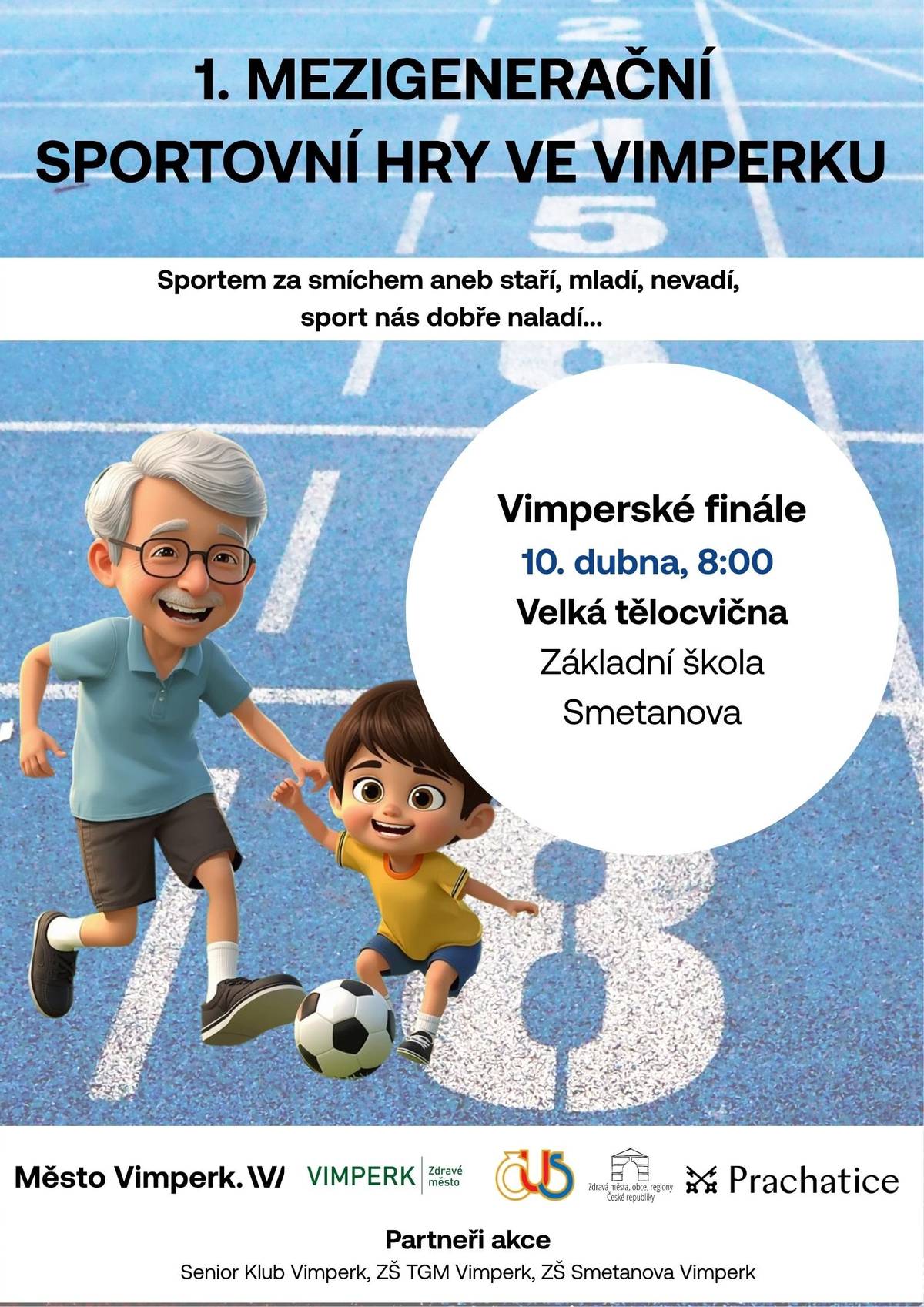 Po dvou proběhlých školních kolech pilotního ročníku Mezigeneračních sportovních her se 10. dubna od 8 hodin uskuteční ve velké tělocvičně ZŠ Smetanova „Vimperské finále mezigeneračních sportovních her“, do kterého postoupilo 5 družstev v nejvyšším počtem bodů ze dvou školních kol. Ve finále se smíšená družstva studentů a seniorů utkají v již známých disciplínách a jako bonus si budou moci týmy vyzkoušet disciplínu cornhole, kterou zapůjčil Senior klub Vimperk. Dvě nejúspěšnější vimperská družstva postoupí do okresního finále, které se uskuteční 16. října v Prachaticích.  Tato akce je pořádána Okresním sdružením České unie sportu v Prachaticích a městem Vimperk v zajištění odboru školství, kultury a cestovního ruchu. Poděkování za uskutečnění akce patří též ředitelům vimperských základních škol a ČČK Prachatice. Zdravé město Vimperk