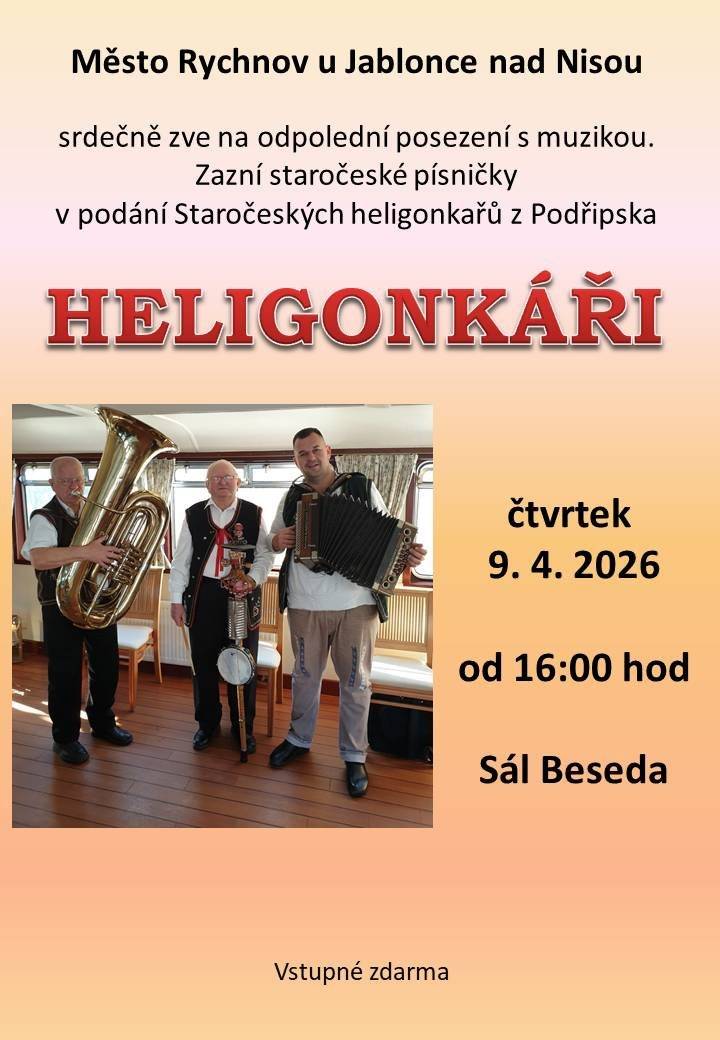 Srdečně zveme nejen seniory na odpolední posezení s muzikou. Zazní písničky v podání Staročeských heligonkářů z Podřibska. Dnes 9.4. na sále Besedy od 16:00 hod.