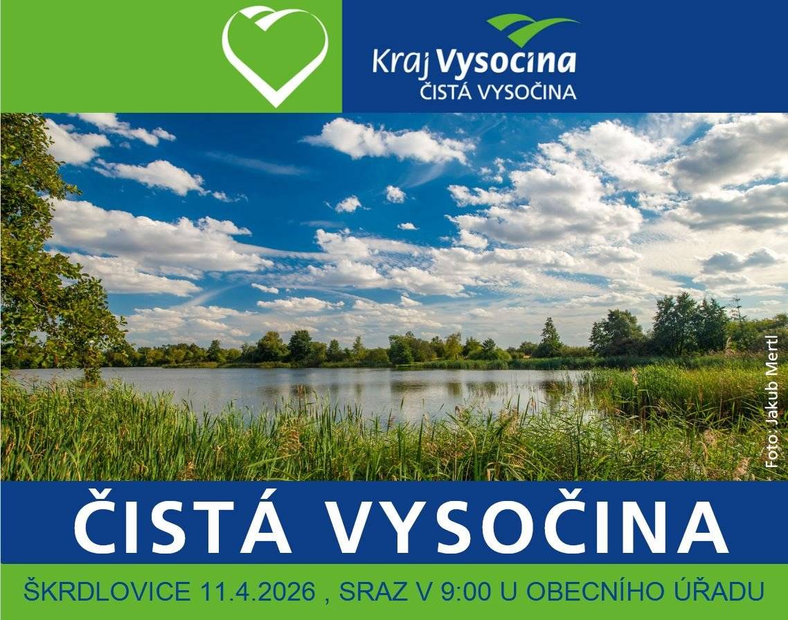 Obec Škrdlovice se i letos zapojuje do akce Čistá Vysočina a zve všechny občany, malé i velké, k účasti na společném úklidu okolí obce. 🗓 Sobota 11. dubna 2026 ⏰ sraz v 9:00 📍 u obecního úřadu ve Škrdlovicích Společně uklidíme naši obec a její okolí. Rukavice a pytle budou zajištěny. Přijďte přiložit ruku k dílu a pomoci udělat naše okolí zase o něco hezčí 🌱