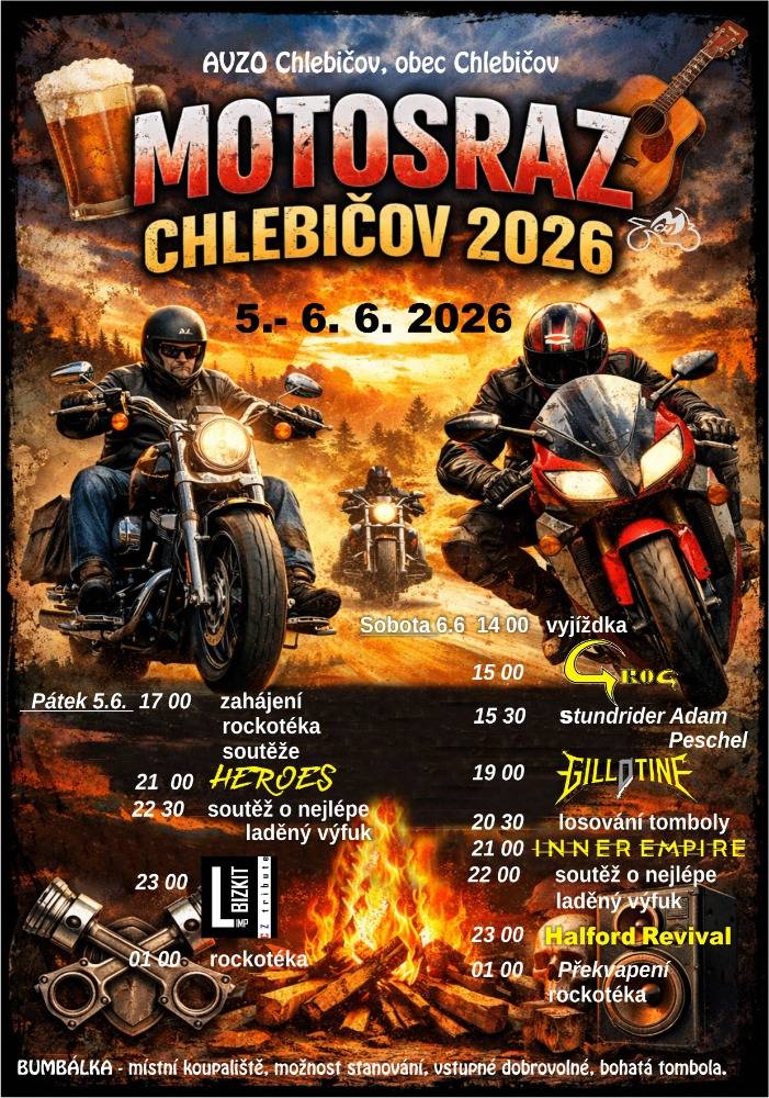 AVZO Chlebičov pořádá ve dnech 5. a 6. června 2026 v areálu Lipjo tradiční motosraz.