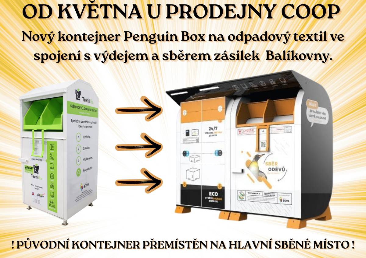 🐧🐧🐧 Aktuálně probíhájí práce u prodejny COOP, kde se připravuje prostor pro nový konterjner "Penguin Box" na odpadový textil ve spojení s výdejem a sběrem zásilek Balíkovny 😃. Vzhledem k tomu, že jsme malá obec, ale vytřídíme nemálo textilního odpadu, smluvní společnost nám nabídla za zvýhodněnou cenu možnost dalšího kontejneru. Využíváme tedy nabídky a rozhodli jsme se pro instalaci něco zase o chlup lepšího... "Penguin Boxu". Penguin Box je samoobslužná exteriérová výdejna a sběrna zásilek, hygienická a přístupná 24/7. Ale zároveň je i řešením sběru odpadového textilu s možností programu Ekovýzva. Více informací ohledně textilního odpadu a dalšího nakládání s ním naleznete na webových stránkách společnosti TextilEco. Co se týče "tučňáka" 🐧 jako takového a možných služeb odesílání zásilek nejen v rámci Balíkovny, mrkněte na Penguinbox. V současné době toto řešení považujeme za jediné reálné a možné, bychom mohli zřídit v obci takovýto box na odesílání a přijímání balíků. Pro větší dopravní společnosti bohužel nejsme cílovou skupinou. Proto budeme rádi, když budete "tučňáka" jakkoli využívat. 😁 Původní kontejner byl dnes přemístěn na hlavní sběrné místo, kde je a nadále bude, připraven pro Váš textilní odpad. Prosíme o trpělivost pro mezičas, než bude k prodejně instalován kontejner nový.  🐧🐧 Děkujeme 🐧🐧
