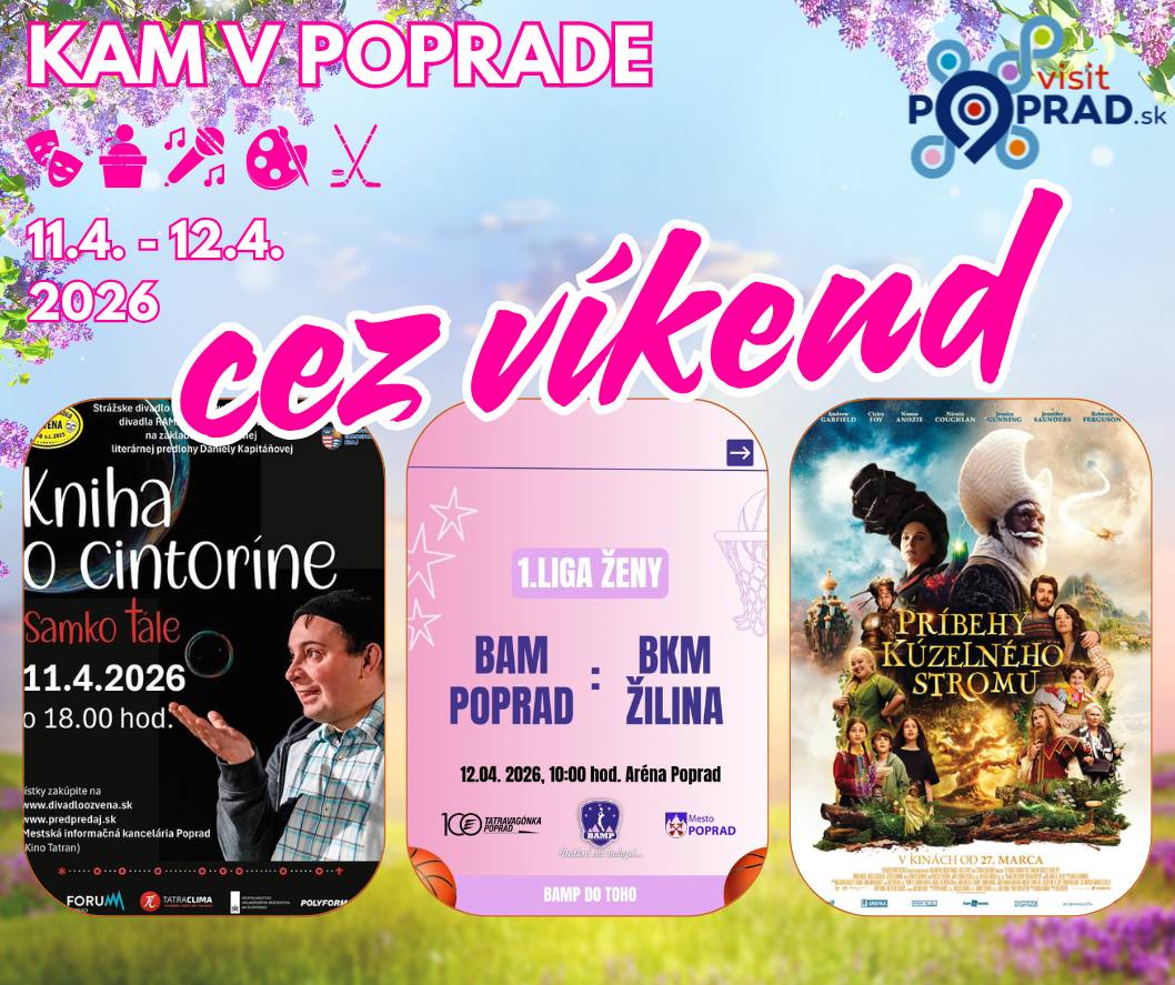 👌Pred nami je víkend a my Vám opäť dávame do pozornosti množstvo podujatí v Poprade. Nech sa páči: 📆Sobota 11. apríl 09:00 Fľaša s 3D ornamentom – kreatívny kurz (Creative Time) 10:00 Pán Králik a kľúč priateľstva – divadelná inscenácia pre deti od 4 rokov (Divadlo Poprad - Veľká) 15:30 FK Poprad vs. FK Humenné – 3. futbalová liga (NTC Poprad) 16:30 Super Mario galaktický film – animovaná dobrodružná fantasy komédia (Kino Tatran) 17:00 Turnaj v biliarde (New Chicago) 18:00 Samko Tále: Kniha o cintoríne (Divadlo Ramagu) – divadelná adaptácia knihy Daniely Kapitáňovej (Strážske divadlo Ozvena - Západ) 19:00 Niekto to rád v Plzni – česká komédia (Kino Tatran) 21:00 DJ Pali – hudobný večer (Barn Club) 21:00 Tanečná zábava (Legenda Pub) 21:00 SAMEY – repový koncert (Surprise) 📆Nedeľa 12. apríl 10:00 Rozprávka malé semienko, veľký svet (Divadlo Aurora) – rozprávková nedeľa (Dom kultúry) 10:00 BAM Poprad vs. BKM Žilina – basketbalová 1. liga ženy (Aréna Poprad) 16:00 FC Poprad - Stráže vs. TJ Tatran Liptovská Teplička – futbalová 7. liga PFZ (Umelá tráva Stráže) 16:30 Príbehy kúzelného stromu – dobrodružné rodinné fantasy (Kino Tatran) 17:00 Fragile a Peter LIPA – koncert (Dom kultúry) 19:00 Dráma – romantická komédia/dráma (Kino Tatran) Podrobnosti o podujatiach nájdete tu👇: Podujatia | VisitPoprad.sk Máte plán? 😉