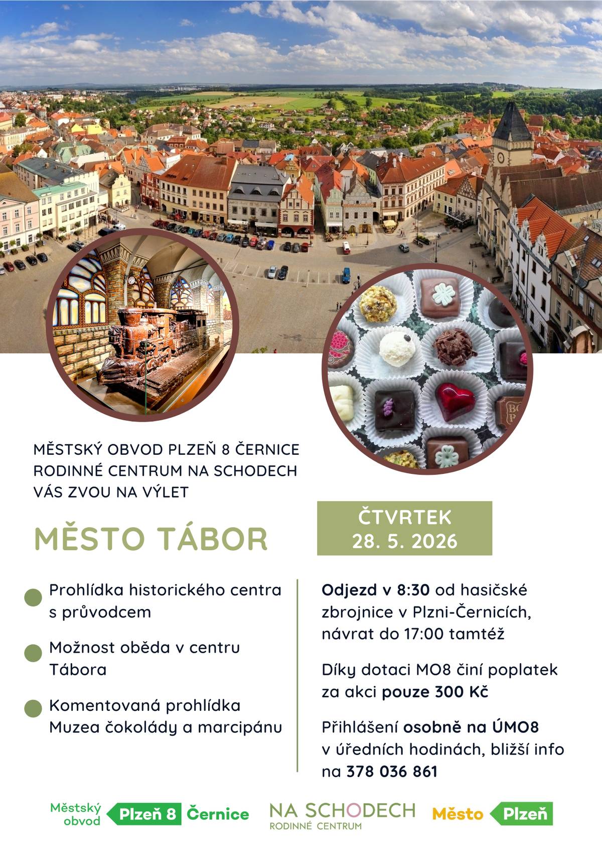 Městský obvod Plzeň 8 Černice a Rodinné centrum Na Schodech vás zvou na výlet do města Tábor, ve čtvrtek 28. 5. 2026. Čeká vás prohlídka historického centra s průvodcem, možnost oběda v centru Tábora a komentovaná prohlídka Muzea čokolády a marcipánu.