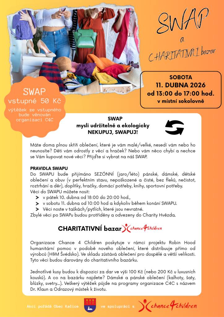 Již potřetí se v místní sokolovně uskuteční SWAP a charitativní bazar oblečení. Nekupuj, swapuj!