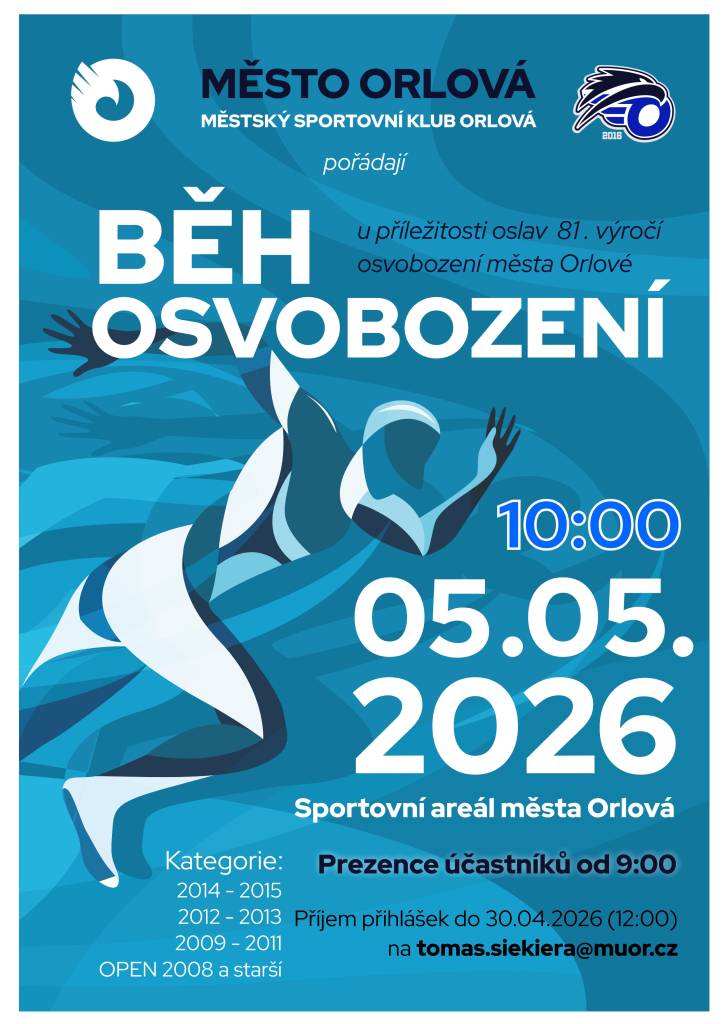 U příležitosti oslav 81. výročí osvobození města Orlové a ukončení 2. světové války se uskuteční tradiční Běh osvobození v městském sportovním areálu. Běh je určen pro žáky základních a středních škol z Orlové a partnerských měst a pro občany města. Běh osvobození se koná v úterý 5. května na atletickém oválu ve sportovním areá...