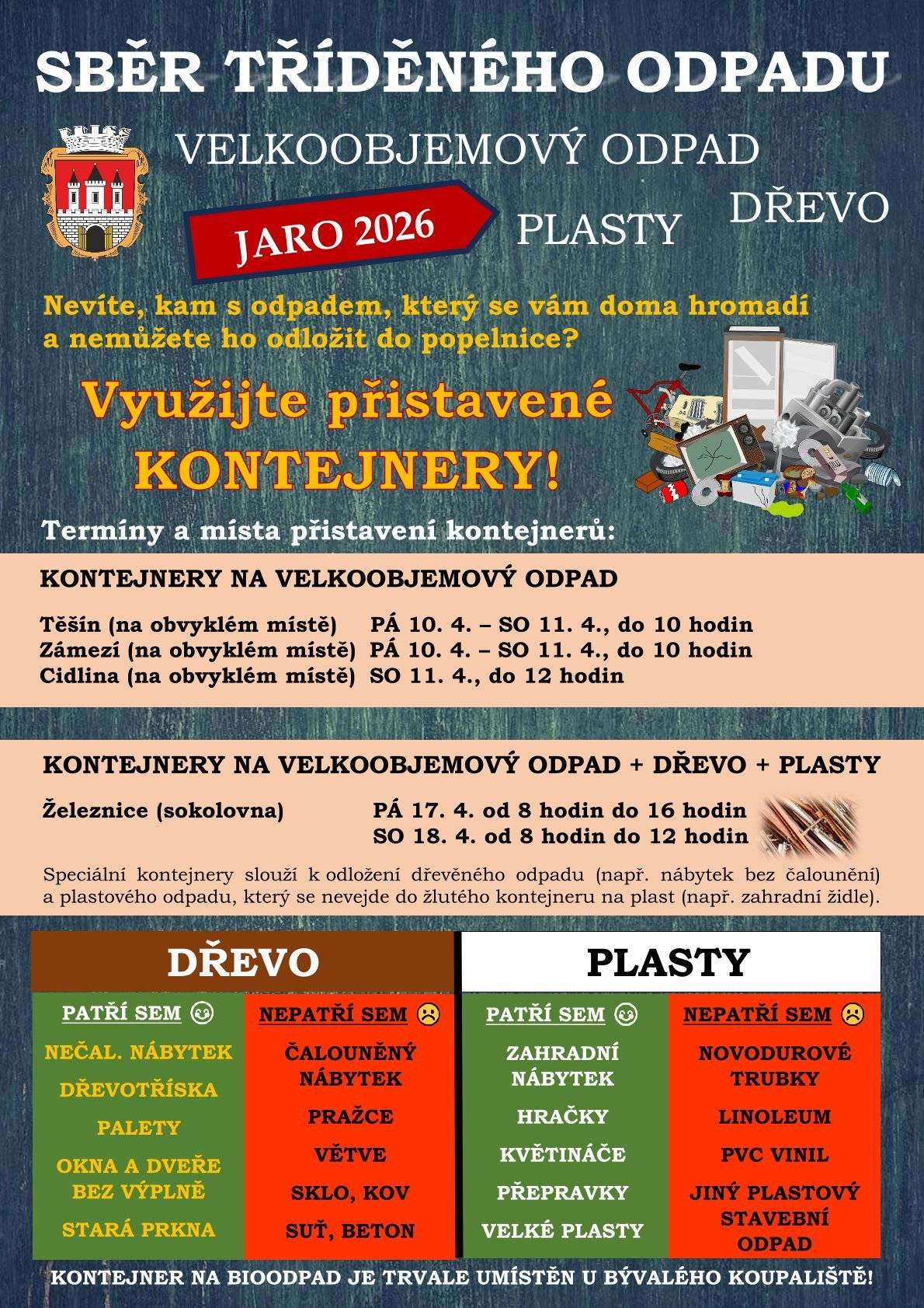 Nevíte, kam s odpadem, který se vám doma hromadí a nemůžete ho odložit do popelnice? Využijte přistavené kontejnery na velkoobjemový odpad a u sokolovny v Železnici ještě i speciální kontejnery na dřevo a plasty.  Informace o místě a termínu přistavení kontejnerů v Železnici a jejích místních částech naleznete na plakátě.   Děkujeme, že třídíte a pomáháte životnímu prostředí.
