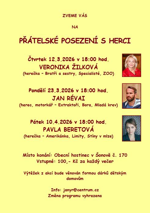 Vážení přátelé, dnes přinášíme informačně bohaté aktuality: 👉 pozvánku na benefiční besedu s herečkou Pavlou Beretovou v Obecním hostinci v Šonově 👉 pozvánku na zasedání zastupitelstva obce 👉 informace o konání bazaru v Orelně v Šonově 👉 nabídku na prodej drůběže v Provodově a Šonově 👉 pozvánku na akci Čarodějnice v Šonově 👉 informace o květnovém svozu nebezpečného odpadu v naší obci 👉 pozvánku na besedu v Obci Pohoří 👉 informace z Kladského pomezí Mějte pohodový duben☀️. #obecprovodovsonov #aktuality