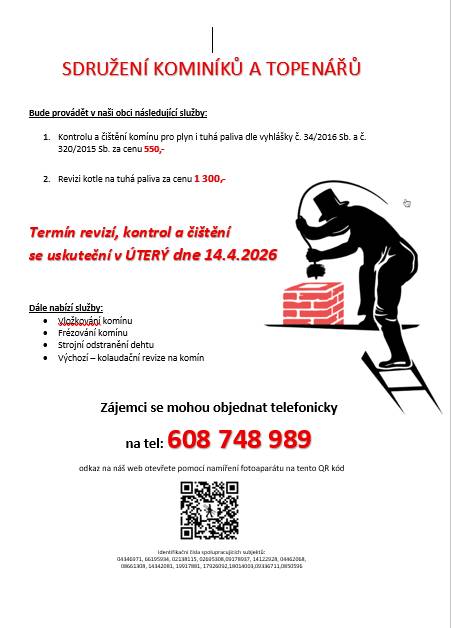 Dne 14. 4. 2026 bude SDRUŽENÍ KOMINÍKŮ A TOPENÁŘŮ provádět v revize a čištění komínů a kotlů.