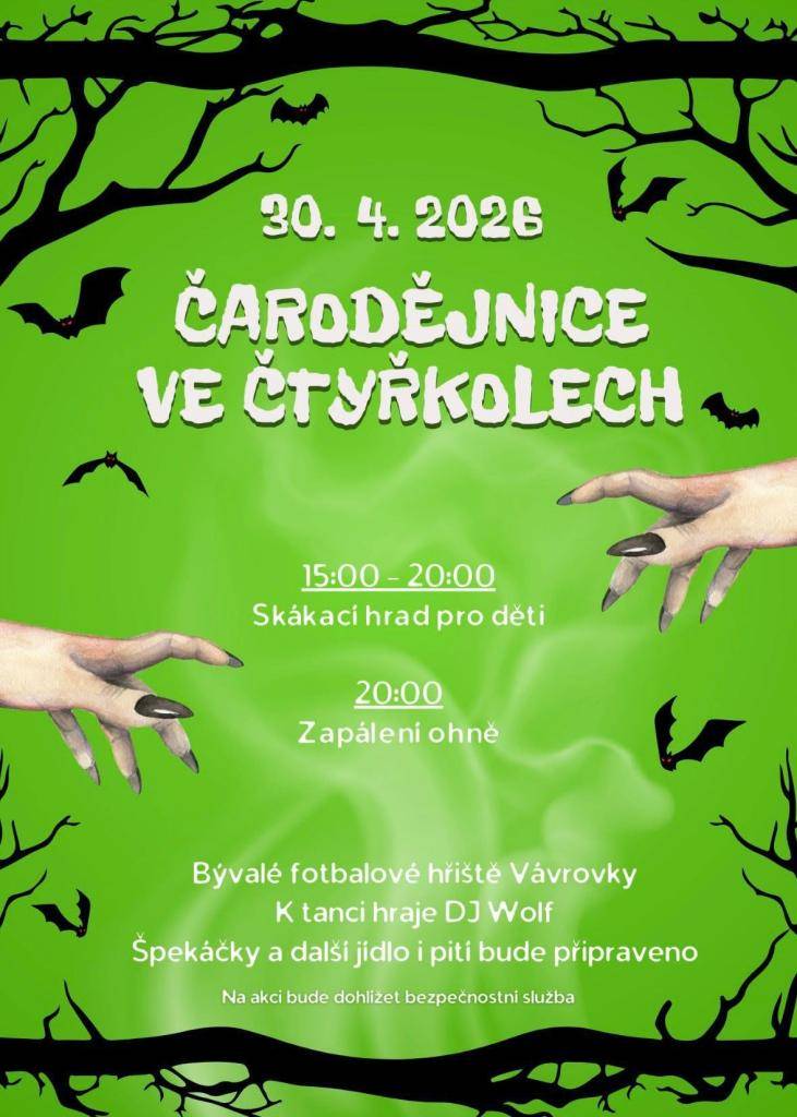 Tradiční čarodky proběhnou v pátek 30.4 na hřišti ve Vávrovkách od 15 hodin. Těšit se můžete na skákací hrad, hudbu od DJ Wolfa a občerstvení.