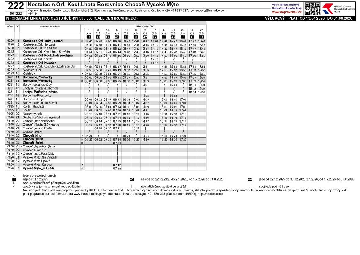 od pondělí 13. 4. 2026 bude zahájena rekonstrukce terminálu Choceň,kino. Po dobu uzavírky budepřemístěn do Jungmannovy ulice. Předpokládaná doba trvání rekonstrukce je do konce srpna. Vzhledem k omezenému prostoru v dočasné lokalitě budou některé spoje linek 222 a 943 odkloněny mimo tuto zastávku. U linky 943 dojde navíc k drobnému časovému posunu některých spojů.  Linka 222 Tři spoje ve směru do Chocně zastaví místo kina na zastávce Evangelický kostel. Konkrétně spoje v 6:19, 7:21 a 13:19.   Linka 943 Spoj č. 17 zastaví místo kina na zastávce Evangelický kostel. Spoj č. 7 pojede o 5 minut dříve (12:40 z Chocně). Spoj č. 13 pojede o 10 minut dříve (16:40 z Chocně). Spoj č. 8 pojede o 5 minut dříve (13:05 z Kosteleckých Horek) a místo kina zastaví na zastávce Evangelický kostel. Spoj č. 14 pojede o 10 minut dříve (17:05 z Kosteleckých Horek) a místo kina pojede k železniční stanici.